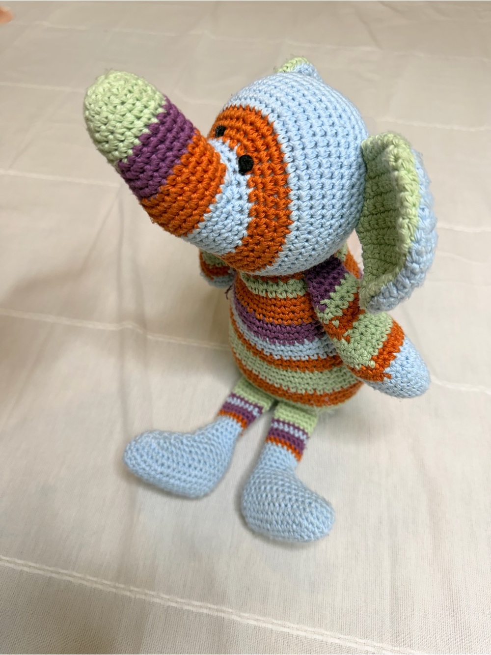 Handmade Crocheted Baby Elephant Plush - Light Blue, Orange & Green